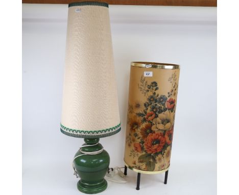 A mid-century floral cylindrical lamp, and a green glaze ceramic table lamp and shade, height 85cm (2) 