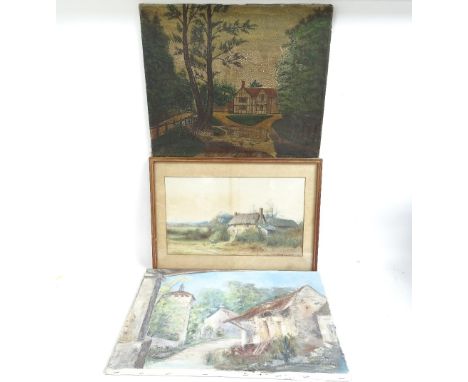 Oil on canvas, Continental farm scene, indistinctly signed, 38cm x 55cm, and a group of other paintings, prints and embroider