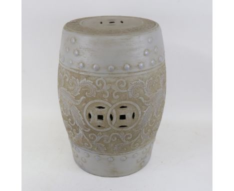 A Chinese grey painted ceramic garden barrel seat, height 45cm 