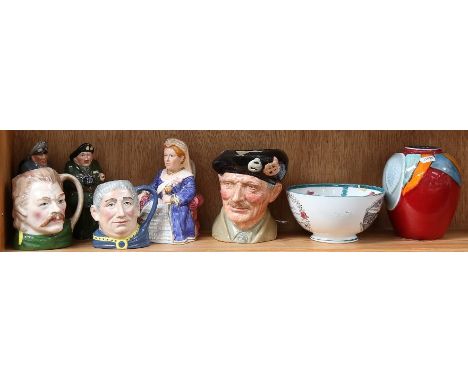 Royal Doulton Monty character jug, Staffordshire character jugs, Motto Ware bowl, Poole Pottery vase etc 