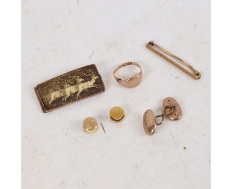 Various jewellery, including 9ct gold ring (A/F), 9ct bar brooch etc 