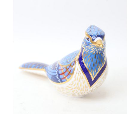 A Royal Crown Derby blue jay paperweight ornament, gold button, length 18cm 