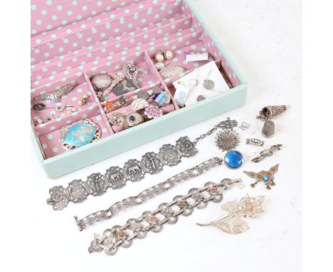 Various jewellery, including coral filigree bracelet, Persian enamel brooch etc 