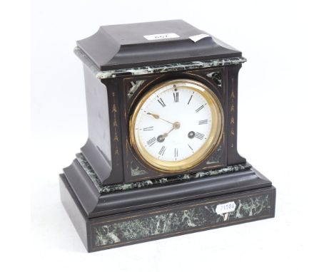 An early 20th century slate and green marble architectural 8-day mantel clock, case height 23cm, with key and pendulum 