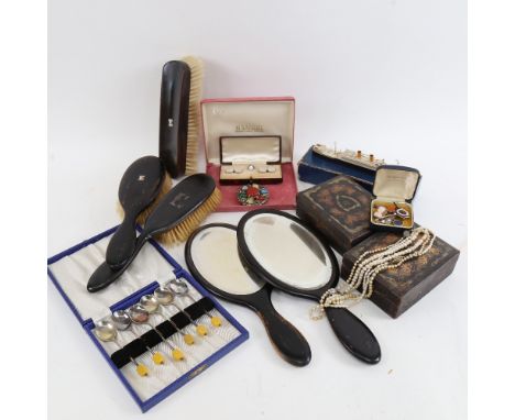 Various collectables, including Antique ebonised dressing table mirror and brush set, a pair of lacquered and gilded boxes, p