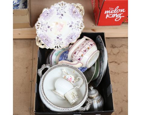Various ceramics, including Sunderland lustre strawberry teapot, Worcester Chamberlains teapot etc (boxful) 