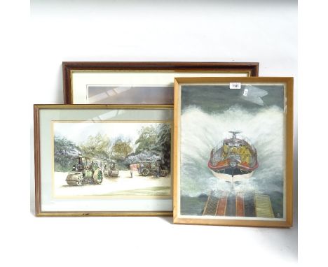 Watercolour, launching the lifeboat, Margaret Mclaughlin watercolour, steam rollers and two other prints (4)