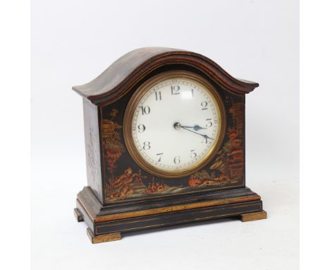 A French black lacquered painted and gilded chinoiserie style mantel clock, dome-top with Arabic numerals, case height 16cm, 