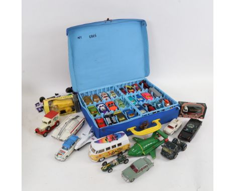 Various Vintage diecast and plastic toy cars and vehicles, including Corgi Formula 1, Dinky Maximum Security vehicle etc (box