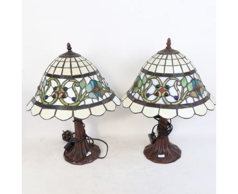 A pair of Tiffany style lead-light glass mosaic table lamps, overall height 43cm 