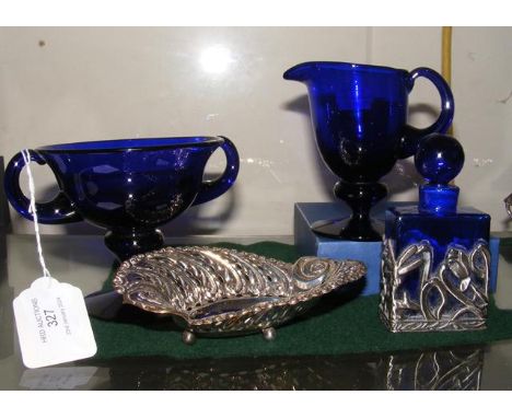 A silver bon bon dish, blue glass scent bottle etc.