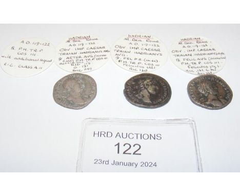 Three Roman silver coins, Hadrian (AD117-138) - each approx. 3.1 grams CONDITION REPORT Our team are on hand to help and alwa