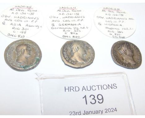 Three Roman silver coins, Hadrian (AD117-138) - 3.1 grams, 3.4 grams, 3.5 grams CONDITION REPORT Our team are on hand to help