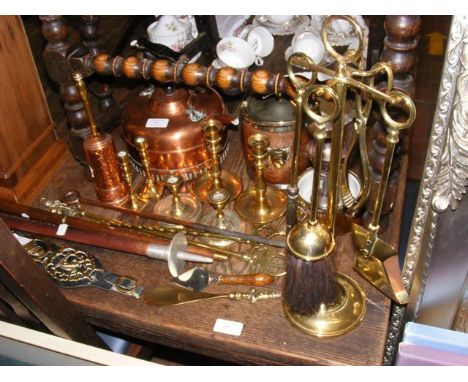 An assortment of metal ware, together with a vintage shooting stick and a walking stick containing hidden vial