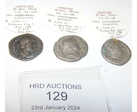 Three Roman silver coins, Hadrian (AD117-138) - 3.3 grams, 3.2 grams, 2.6 grams CONDITION REPORT Our team are on hand to help