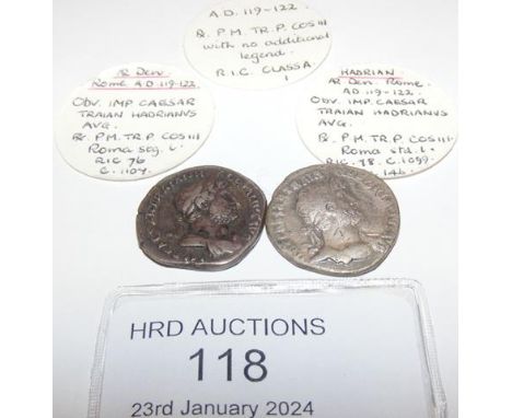 Two approx.19mm diameter Roman silver coins, Hadrian (AD117-138) - one 3 grams, 2.8 grams  CONDITION REPORT Our team are on h