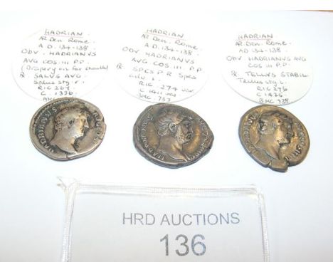 Three Roman silver coins, Hadrian (AD117-138) - 3.1 grams, 3.3 grams, 3.5 grams CONDITION REPORT Our team are on hand to help