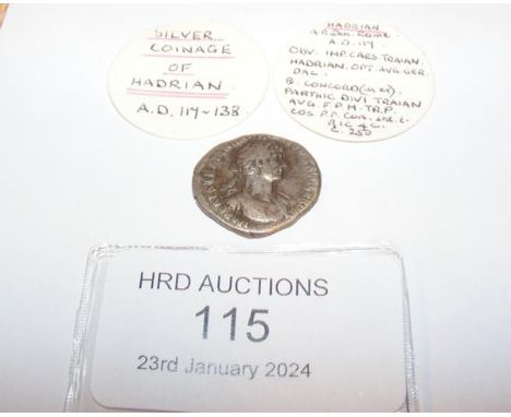 An approx. 20mm diameter Roman silver coin, Hadrian (AD117-138) - 2.8 grams CONDITION REPORT Our team are on hand to help and