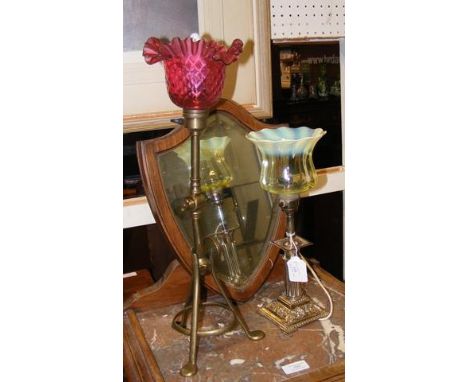 An antique table lamp with glass shade, together with one other