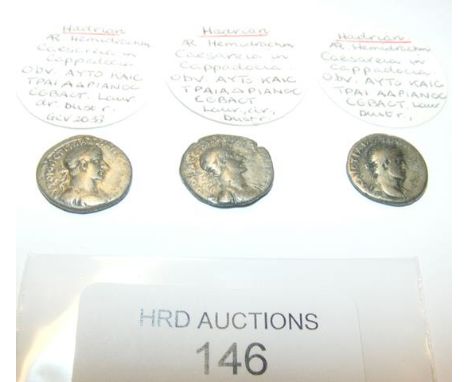 Three Roman silver coins, Hadrian Hemidrachm -  each approx. 1.5 grams CONDITION REPORT Our team are on hand to help and alwa