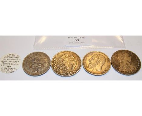 Four various silver coins including Peruvian 1 Sol, 1896 etc. CONDITION REPORT Our team are on hand to help and always endeav