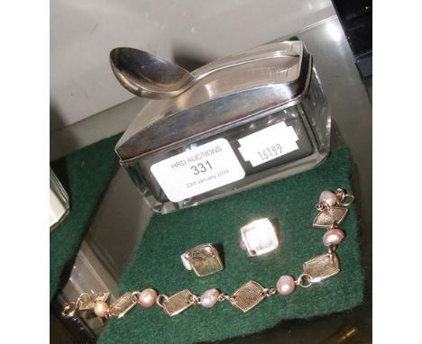 A silver topped dressing table box together with silver caddy spoon, Liberty silver bracelet with matching earrings