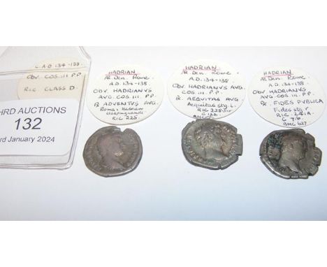 Three Roman silver coins, Hadrian (AD117-138) - each approx. 2.8 grams CONDITION REPORT Our team are on hand to help and alwa