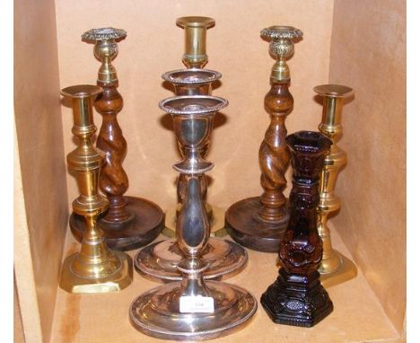 Selection of candlesticks - silver plate, brass, wood and glass 