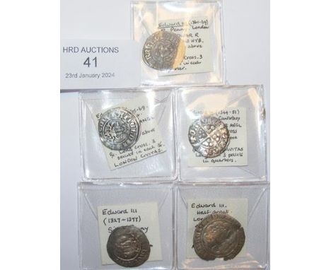 Four Edward III silver pennies, together with an Edward III half groat CONDITION REPORT Our team are on hand to help and alwa