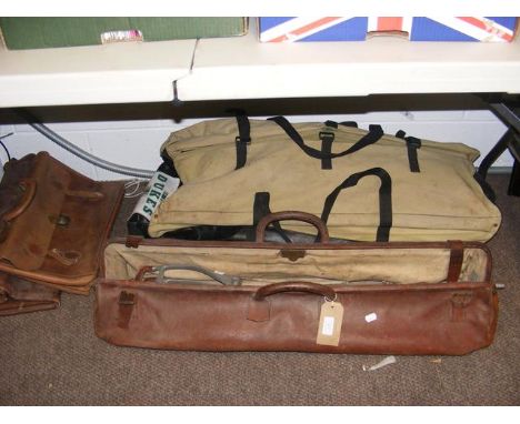 Cricket equipment in canvas bag, together with three vintage leather bags and a shooting stick and riding crop 