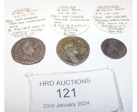 Two Roman silver coins, Hadrian (AD117-138) - 3.1 grams, 3.4 grams, together with one other smaller Hadrian coin CONDITION RE