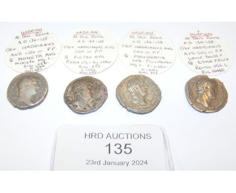 Four Roman silver coins, Hadrian (AD117-138) - each approx. 3 grams CONDITION REPORT Our team are on hand to help and always 