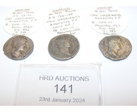 Three Roman silver coins, Hadrian (AD117-138) - 2.8 grams, 3.3 grams, 3.4 grams CONDITION REPORT Our team are on hand to help