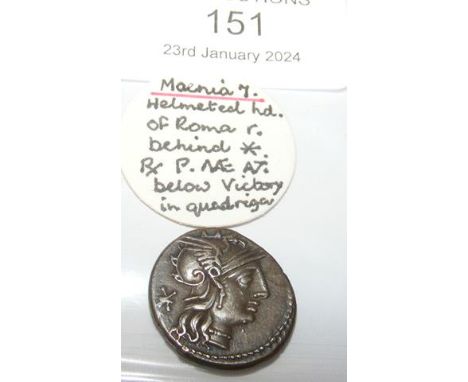 An approx. 19mm diameter Roman silver coin of Maenia - 3.8 grams CONDITION REPORT Our team are on hand to help and always end