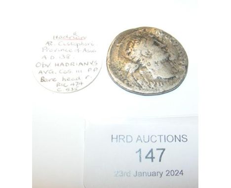 An approx. 30mm diameter Hadrian Roman silver Cistophori coin, Province of Asia - approx. 10 grams CONDITION REPORT Our team 