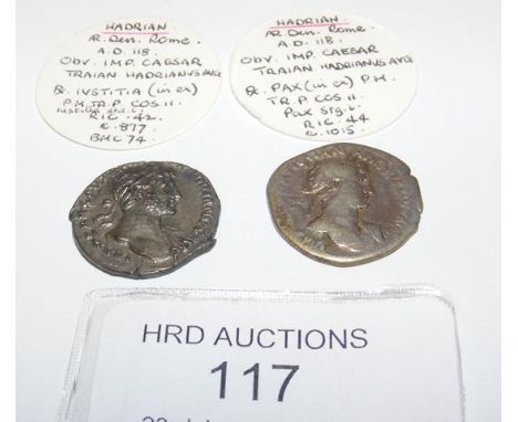 Two approx. 20mm diameter Roman silver coins, Hadrian (AD117-138) - one 2.7 grams, 2.9 grams  CONDITION REPORT Our team are o