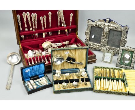 A CANTEEN OF MIXED CUTLERY, boxed fish, dessert and cake eaters, modern photograph frames and a soup ladle (parcel)