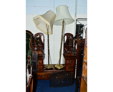 TWO VARIOUS BRASS STANDARD LAMPS, a metal firescreen, dismantled occasional table, etc (5)