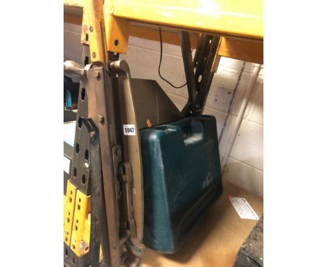 A VINTAGE CAST IRON AND BRASS PAPER GUILLOTINE and a boxed black and decker heat gun (2)