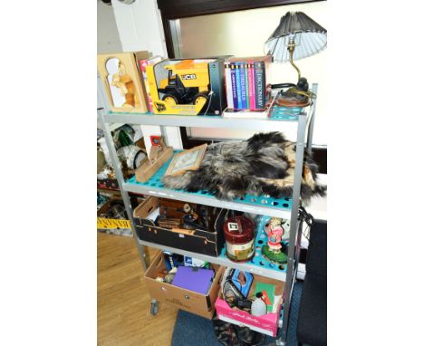 THREE BOXES AND LOOSE SUNDRY ITEMS, including boxed toys, loud haler, small quantity of tools, etc