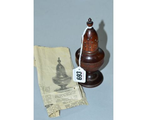A 19TH CENTURY TREEN MUFFINEER, turned finial above baluster body and circular foot, splits to cover, height 14cm