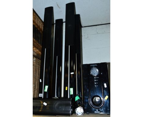 AN AUNA 5:1 CINEMA SPEAKER SYSTEM, comprising of four tall upright speakers, small speaker and a subwoofer (remote)