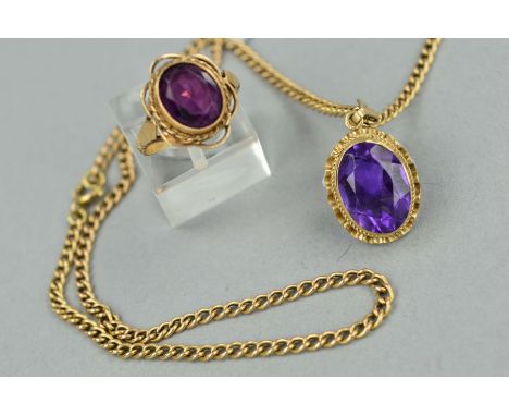 TWO ITEMS OF JEWELLERY, to include a late 20th Century amethyst pendant, an oval mixed cut amethyst measuring approximately 1