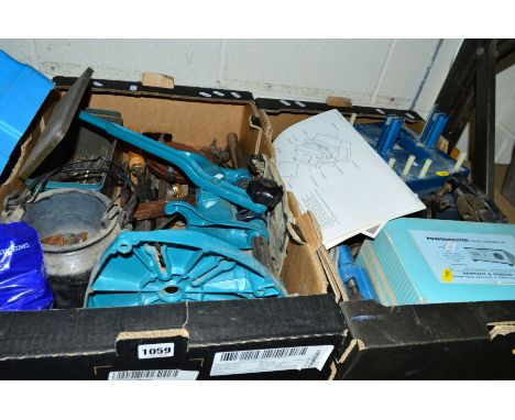 TWO TRAYS OF TOOLS, including a olive pot, drill stand, etc