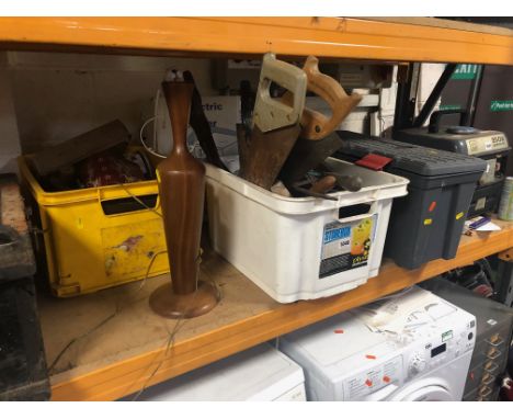 A WOODEN TOOL BOX, two plastic boxes and a plastic tool box containing tools, a teak lamp and a Clarke fan heater (6)