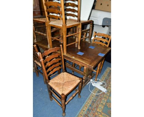 A 20TH CENTURY OAK DRAW LEAF TABLE, on a stretchered base, width 137cm x depth 81cm x height 76cm, together with eight oak la