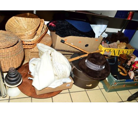 A QUANTITY OF SUNDRY ITEMS, to include teddy bears, hats, wicker baskets, child's vintage christening gown and cape, a silver