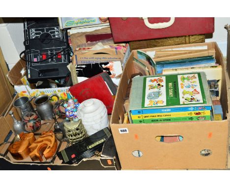 THREE BOXES AND LOOSE SUNDRIES, PICTURES, etc, including books, records, metalwares, brass log box, nine various pictures and