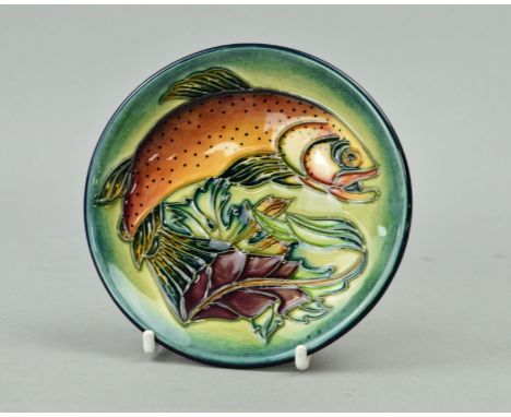 A MOORCROFT POTTERY TRINKET DISH, 'Trout' design, impressed marks and painted '98' to base, diameter 11.5cm