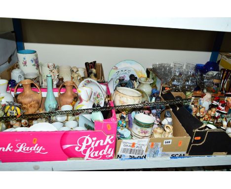 FIVE BOXES OF CERAMICS, GLASSWARE AND RESIN ORNAMENTS, including a Victorian glass air twist walking cane, Hummel figures, et